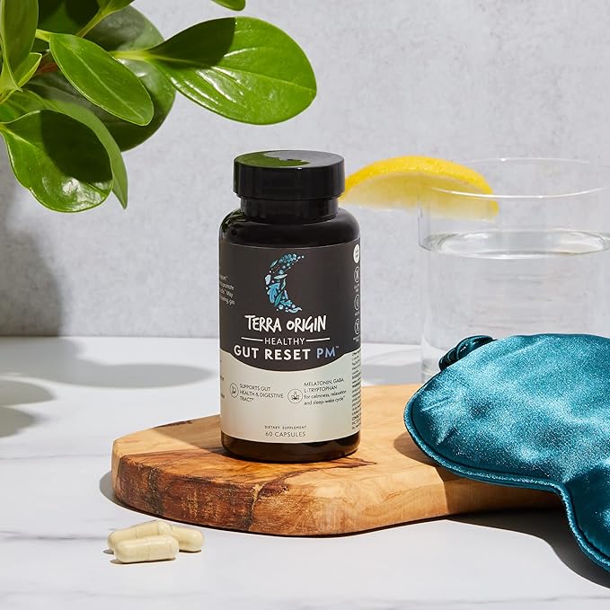 TERRA ORIGIN Healthy Gut Reset PM | 60 Veggie Caps | Supports Gut Health and Relaxation + Sleep-Wake Cycle | L-Glutamine, Licorice Root, Slippery Elm Root, Melatonin and More!