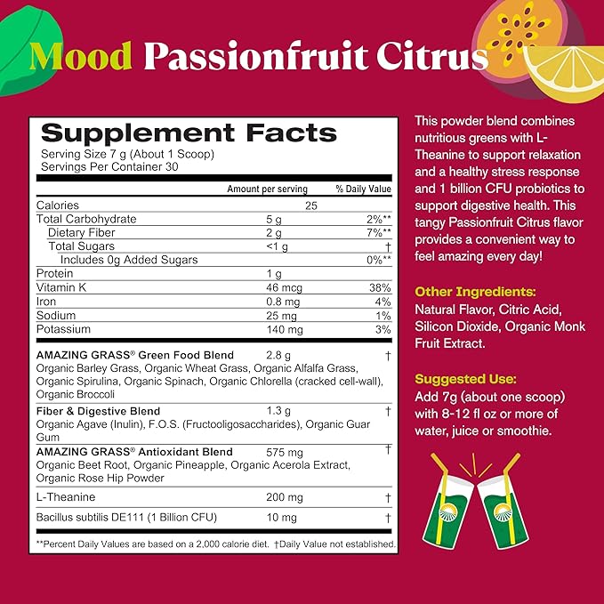 Amazing Grass Greens Blend Mood: Super Greens Powder Smoothie Mix for Mood, Relaxation & Stress Support with Organic Spirulina, Chlorella, Beet Root Powder, Digestive Enzymes & Probiotics, 30 Servings