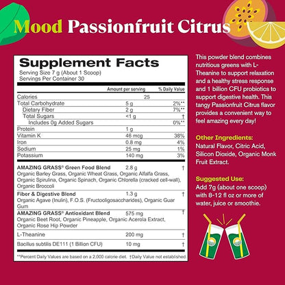 Amazing Grass Greens Blend Mood: Super Greens Powder Smoothie Mix for Mood, Relaxation & Stress Support with Organic Spirulina, Chlorella, Beet Root Powder, Digestive Enzymes & Probiotics, 30 Servings