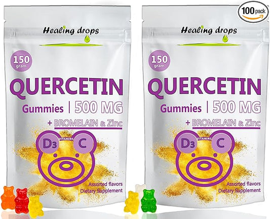 Quercetin with Bromelain Gummies - Vitamin C + Zinc + Vitamin D3 - Quercetin 500mg Gummies for Kids and Adults (2 Packs)