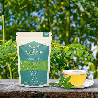 TeaNOURISH Moringa Tulsi Green Tea | Darjeeling Loose Leaf Tea | 100% Natural Moringa & Tulsi Leaves | Immune Support Tea - 3.53oz/100g