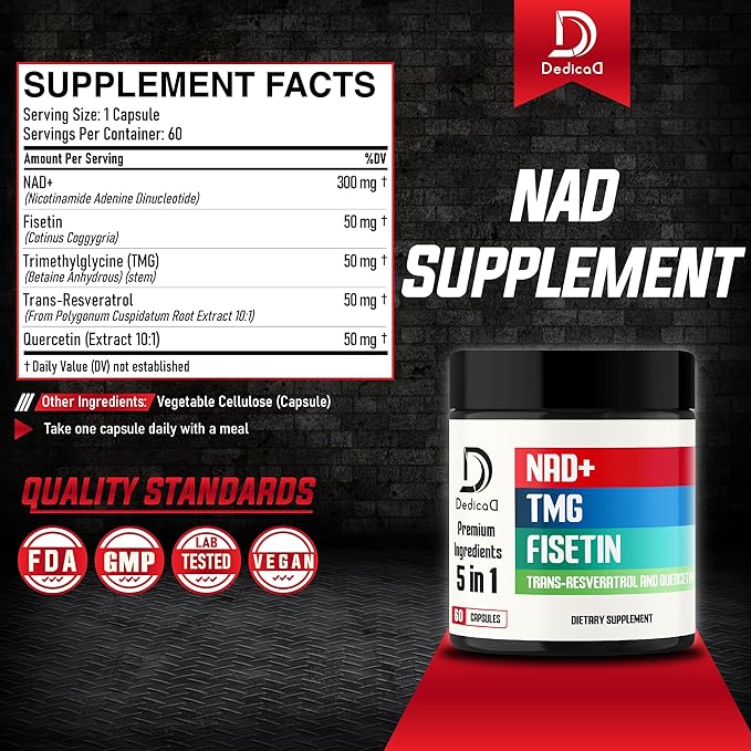 NAD+ Supplement 500mg - Pure NAD Supplement - Combined to Fisetin, TMG, Resveratrol and Quercetin - Energy and DNA Repair, Aging Defense, Brain Function - 60 Capsules