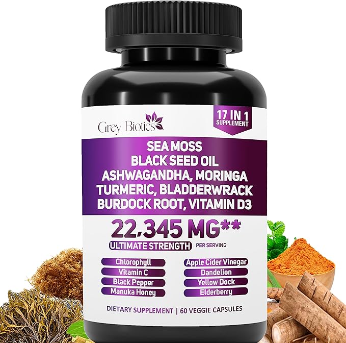 Sea Moss 6000mg, Black Seed Oil 4000mg, Turmeric 4000mg,Ashwagandha 2000mg, Burdock 2000mg, Bladderwrack 2000mg - Enhanced with Moringa 2000mg, Black Pepper, Vitamin C, Vitamin D3-60 Capsules