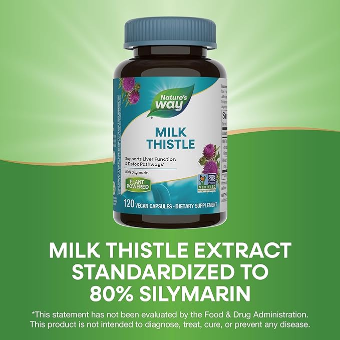 Nature's Way Milk Thistle, Supports Liver Function and Detoxification Pathways*, 175 mg Milk Thistle Seed Extract Standardized to 80% Silymarin per Serving, 120 Capsules (Packaging May Vary)