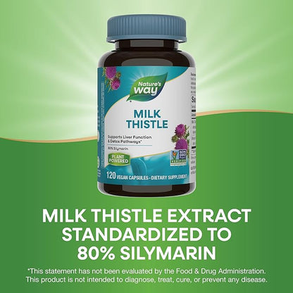 Nature's Way Milk Thistle, Supports Liver Function and Detoxification Pathways*, 175 mg Milk Thistle Seed Extract Standardized to 80% Silymarin per Serving, 120 Capsules (Packaging May Vary)