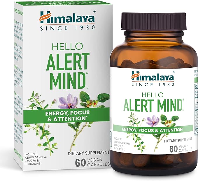 Himalaya Hello Alert Mind with Ashwagandha, Bacopa, L-Theanine, Vitamin B6 & B12, for Energy, Focus & Attention, Vegan, Gluten Free, 60 Capsules