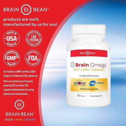 Brain Omega with Lutein & Zeaxanthin, Supports Heart and Eye Health, | Omega 3 Plus Lutein and Zeaxanthin Supplements 460 mg DHA 90 mg EPA Lutein and Zeaxanthin | 180 Softgels, 90 Servings