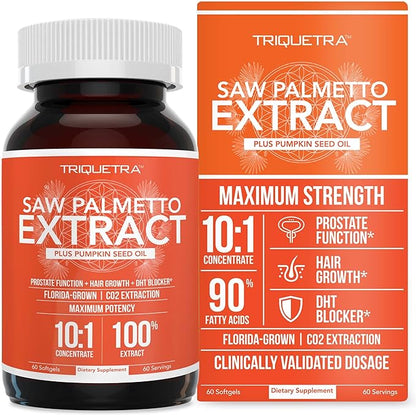 Saw Palmetto Extract – 10X Potency, Pharmaceutical Grade Strength - Plus Pumpkin Seed Oil - Supports Prostate Health, Relieves Urination Issues, Supports Hair Growth, DHT Blocker – 60 Softgels