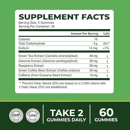 Green Tea Fat Burner Gummies for Weight Loss | Metabolism Boost & Appetite Suppressant with Green Coffee Bean Extract & Garcinia Cambogia | Pills to Burn Belly Fat for Women & Men by Nobi Nutrition