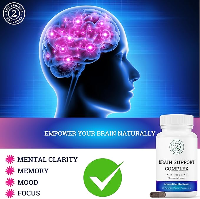 Brain Support Complex - Advanced Cognitive Support Supplement with Ginkgo Biloba, Bacopa Monnieri, Phosphatidylserine, Huperzine-A, St. John's Wort - 30 Ct