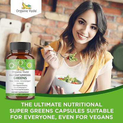 Organic Veda Super Greens Food Capsules - 30 Natural Fruit & Veggie Dietary Supplement with Moringa Leaf, Alfalfa, Turmeric, Papaya, Amla, Ashwagandha to Boosts Immunity, Gut Health - 120 Count