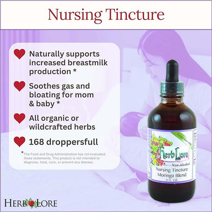 Herb Lore Nursing Tincture Moringa Blend - 4 fl oz - Liquid Lactation Support Supplement for Breastfeeding Mothers - Fenugreek Free Drops to Increase Breast Milk Supply - Breastmilk Production Booster