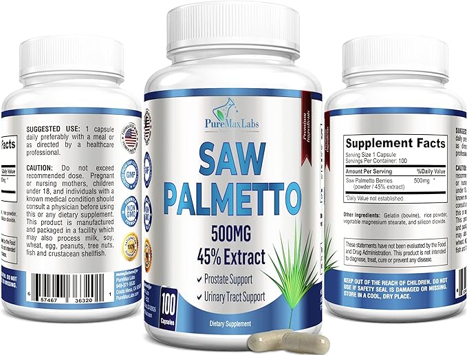 Extra Strength Saw Palmetto - 45% Extract Prostate Supplement, Decrease Frequent Urination, DHT Blocker for Hair Growth, Non-GMO, 100 Capsules