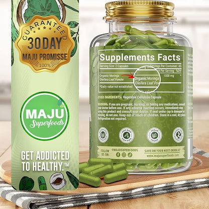 MAJU's Organic Moringa Capsules, Oleifera Leaf, Extra-Fine Quality Moringa Leaves, Dried Drumstick Tree Leaves, Organic Moringa Powder Extract Supplement Capsules from Plant (90 ct)