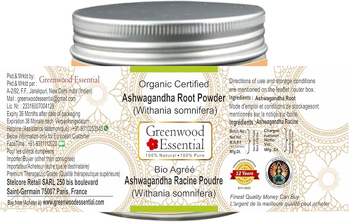 Pure Ashwgandha Powder (Withania somnifera) Organic Certified 100% Natural Therapeutic Grade 100gm (3.5 oz)