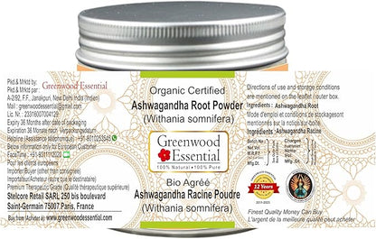 Pure Ashwgandha Powder (Withania somnifera) Organic Certified 100% Natural Therapeutic Grade 100gm (3.5 oz)