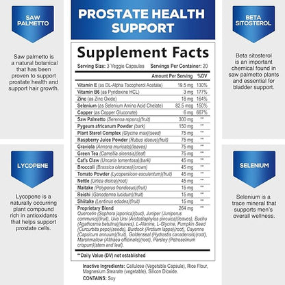 Prostate Support Supplement for Men's Health - Supplements Formula with Saw Palmetto, Beta Sitosterol, Stinging Nettle, Pumpkin Seed, Lycopene - Supports Prostate & Urinary Health - 60 Capsules