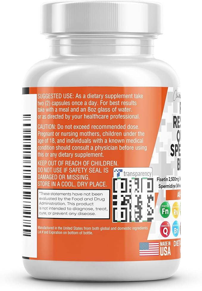 Clean Nutraceuticals Fisetin 2500mg Quercetin 1000mg Resveratrol 1000mg with Spermidine Wheat Germ Extract 1000mg - Health Supplement for Adults Longevity with Berberine, Collagen, Rhodiola, Apigenin