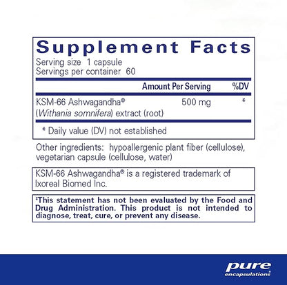 Pure Encapsulations Ashwagandha - 500 mg Ashwagandha Extract - Metabolism & Stress Support - Immune Support - GMO Free & Vegan - 60 Capsules