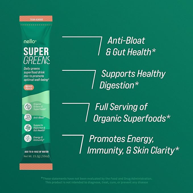 Nello Supergreens Premium Superfood Greens Drink Mix w/Chlorella, Moringa, Spinach & Broccoli + Digestive Enzymes & Probiotic Blend -Nutrient-Packed Powder Wellness (Mango Peach, 20 SRV, Travel Pack)