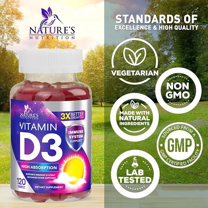 Vitamin D3 Gummy Vitamins Extra Strength 5000 IU (125 mcg) High Potency Vita D Gummies Dietary Supplement - Bone, Teeth, Muscle & Immune Support, Nature's Vitamin D Supplement, Non-GMO - 120 Gummies