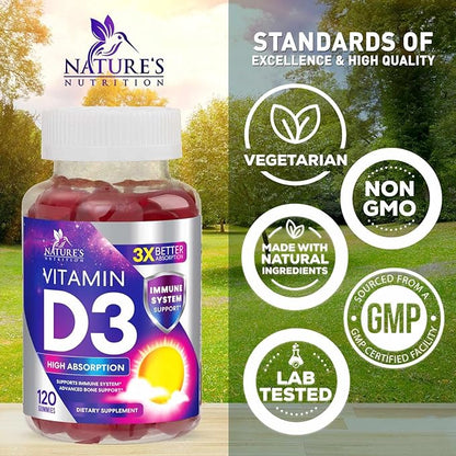 Vitamin D3 Gummy Vitamins Extra Strength 5000 IU (125 mcg) High Potency Vita D Gummies Dietary Supplement - Bone, Teeth, Muscle & Immune Support, Nature's Vitamin D Supplement, Non-GMO - 120 Gummies