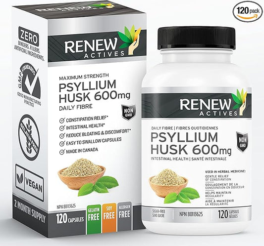 Renew Actives Psyllium Husk Capsules - Bulk-Forming Laxative - Soluble Fiber Supplement for Adult Health & Well-being - Pure ingredients, 120 capsules