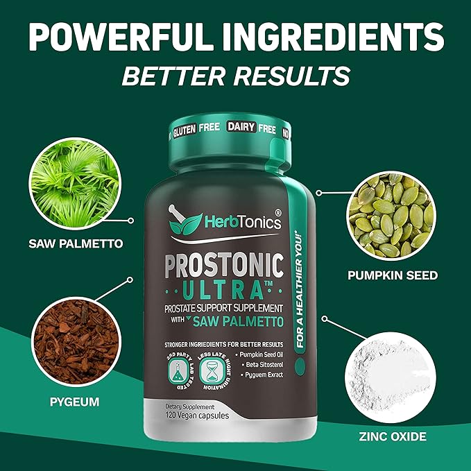 Herbtonics Prostate Support Supplement for Men's Health - Saw Palmetto & Beta Sitosterol Formula with Pumpkin Seed Oil - Promotes Prostate Health & Less Urination - DHT Blocker for Hair - 120 Capsules