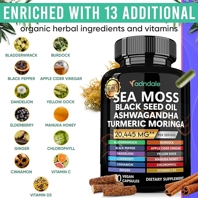 Sea Moss Black Seed Oil Ashwagandha Ginger Capsules. Sea Moss Capsules with Black Seed Oil, Ashwagandha, Turmeric, Moringa, Bladderwrack, Burdock Root, Manuka Honey, Cinnamon. 18-in-1 20’445 mg/Serv