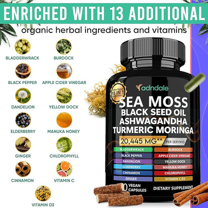 Sea Moss Black Seed Oil Ashwagandha Ginger Capsules. Sea Moss Capsules with Black Seed Oil, Ashwagandha, Turmeric, Moringa, Bladderwrack, Burdock Root, Manuka Honey, Cinnamon. 18-in-1 20’445 mg/Serv