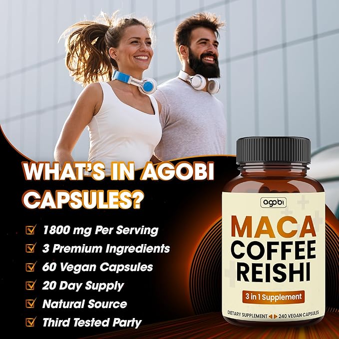 agobi 1800mg Maca Coffee Supplement with Reishi Mushroom - 60 Vegan Capsules - Support for Energy Production, Mood Support, Immune System & Stamina - Gluten-Free, Non-GMO