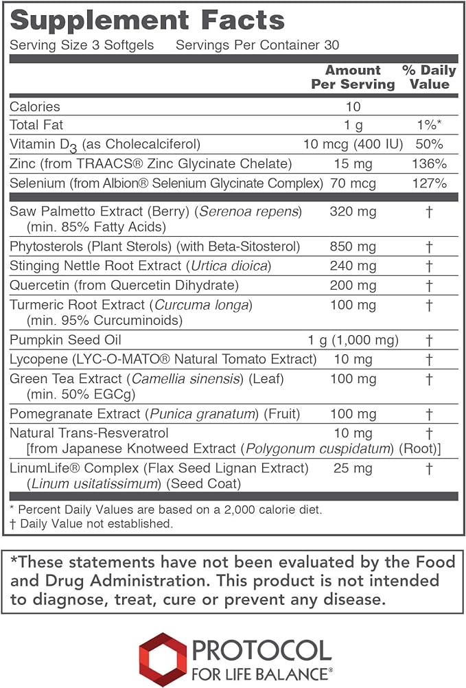 PROTOCOL FOR LIFE BALANCE - Prostate-B (Clinical Strength) - Beta-Sitosterol, Lycopene and Saw Palmetto from Natural Ingredient Source Targeted for Prostate Health - 90 Softgels