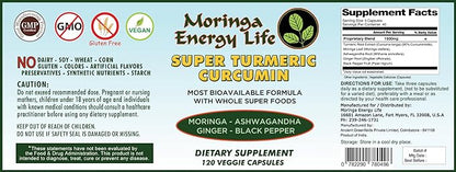 Moringa Super Turmeric Capsules 120, Natural Superfood Supplement for Moringa Oleifera Leaf, Curcumin, Black Pepper, Ashwagandha, Ginger. Gluten-Free, Vegan