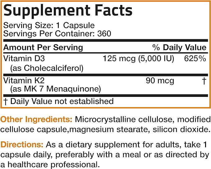 Bronson Vitamin K2 (MK7) with D3 Supplement Non-GMO Formula 5000 IU Vitamin D3 & 90 mcg Vitamin K2 MK-7 Easy to Swallow Vitamin D & K Complex, 360 Capsules