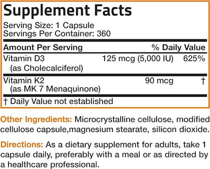 Bronson Vitamin K2 (MK7) with D3 Supplement Non-GMO Formula 5000 IU Vitamin D3 & 90 mcg Vitamin K2 MK-7 Easy to Swallow Vitamin D & K Complex, 360 Capsules