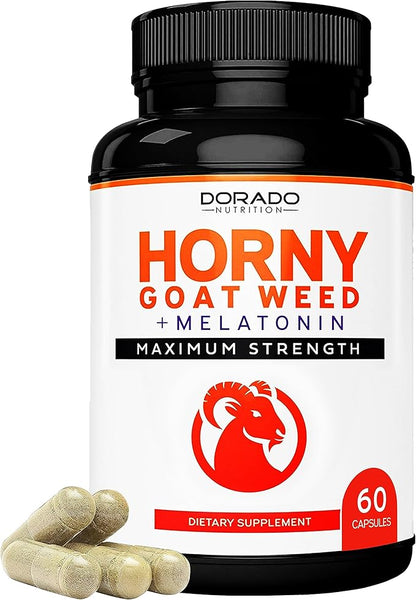 Horny Goat Weed For Men and Women + Melatonin - [Night Formula Max Strength] Stamina, Endurance, Circulation, Joint Support - Maca Root, Ginseng, Yohimbine, Tribulus, L-Arginine - USA Made - 60 Count