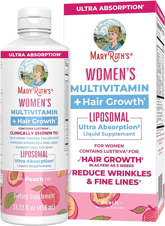 Women's Multivitamin + Lustriva Hair Growth Liposomal | Biotin 10000mcg | Clinically Tested for Thicker Hair, Wrinkles, Fine Lines, Skin Care | with Ashwagandha & Maca Root | Ages 18+ | 15.22 Fl Oz