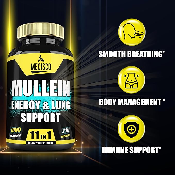 210 Capsules - 11in1 Mullein Leaf Capsules with Panax Ginseng Root, Cordyceps Sinensis & More - Support Respiratory Health, Immune System, Energy Production & Comfortable Mind