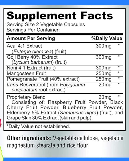 Super Antioxidant Fruit Superfood Complex - Powerful Antioxidant Superfruits, Acai, Goji, Noni, Mangosteen, Pomegranate, Elderberry, Resveratrol, Immune Support, Skin Care - 60 Capsules