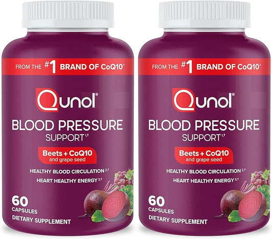 Qunol Blood Pressure Support, 3 in 1 Beets + CoQ10 + Grape Seed Extract, Beet Root Capsules That Supports Healthy Blood Circulation & Heart Healthy Energy, 60 Count (Pack of 2)