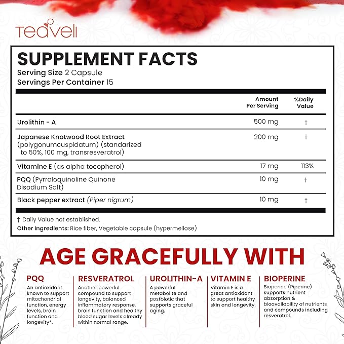 Advanced Urolithin A (15 Servings) & Stem Cell Supplement with 500mg Urolithin A, Resveratrol, PQQ, Vitamin E & Bioperine – Supports NAD+, Mitochondria, Muscle Health, Healthy Cells & Energy Levels