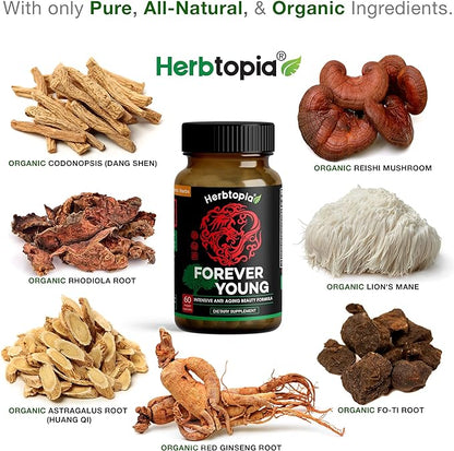 Forever Young Longevity Supplement for Immunity, Anti Gray Hair, Telomere Lengthening & Happy Mood w/Ginseng, Astragalus, Lions Mane, Reishi Mushroom, Codonopsis | Organic - 60 Caps