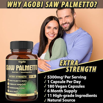 11in1 Saw Palmetto Capsules - Equivalent 5300mg with Ashwagandha, Turmeric, Tribulus, Maca, Green Tea, Ginger, Holy Basil & More - Healthy Prostate & Hair Support - 180 Count 6-Month Supply