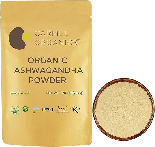 CARMEL ORGANICS Organic Ashwagandha Root Powder (28 Oz or 794g/1.75 Lbs) USDA Certified. Lab Tested, Non GMO & Gluten Free | Withania Somnifera from India