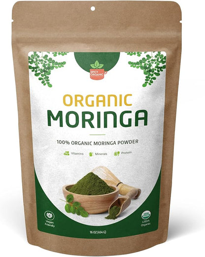 Green Moringa Superfood Powder 16 oz. - 100% Pure Moringa Oleifera Leaf Powder for Tea and Hair, Nutrient-Rich Energy Booster - Certified USDA Organic, Non-GMO, and Raw from India