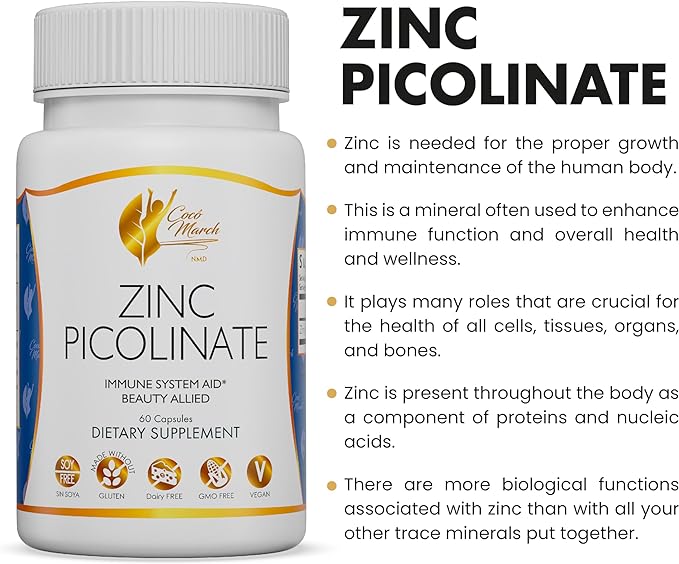 Coco March Zinc Picolinate - Immune System Aid, Beauty Ally, Bio-Available Form for High Absorption - Gluten Free, Soy Free, Dairy Free, GMO Free, Vegan - 60 Servings