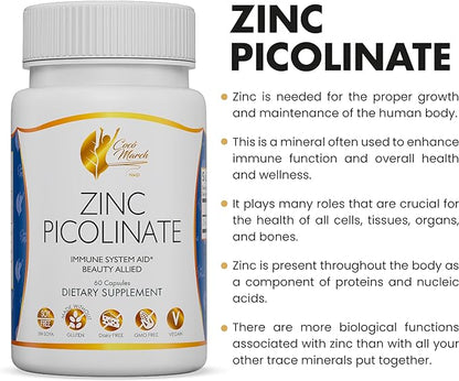 Coco March Zinc Picolinate - Immune System Aid, Beauty Ally, Bio-Available Form for High Absorption - Gluten Free, Soy Free, Dairy Free, GMO Free, Vegan - 60 Servings