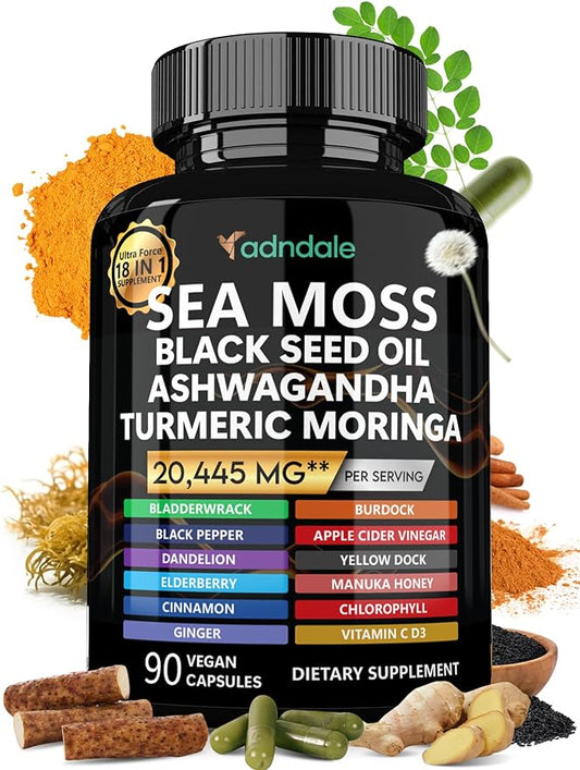 Sea Moss Black Seed Oil Ashwagandha Ginger Capsules. Sea Moss Capsules with Black Seed Oil, Ashwagandha, Turmeric, Moringa, Bladderwrack, Burdock Root, Manuka Honey, Cinnamon. 18-in-1 20’445 mg/Serv