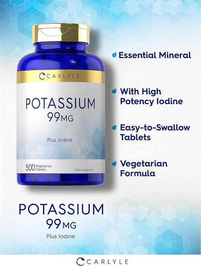 Carlyle Potassium 99mg | Plus Iodine | 500 Vegetarian Tablets | Non-GMO and Gluten Free Supplement