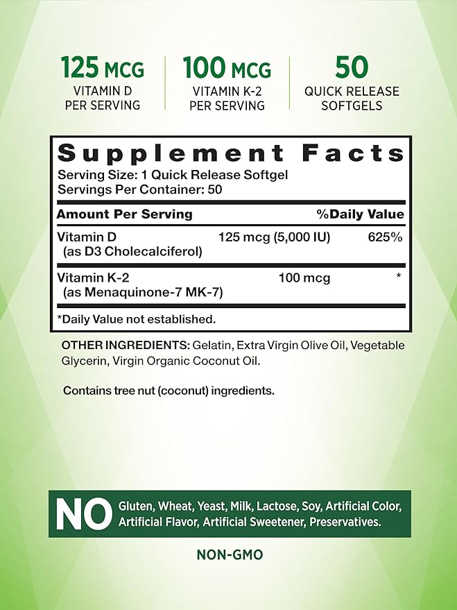 Vitamin K2 MK7 Complex | 100 mcg | 50 Softgels | with Vitamin D3 | Non-GMO & Gluten Free Supplement | by Nature's Truth